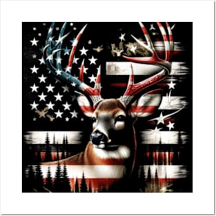 Camo US Flag Deer Elk Buck Camoflage Hunting Hunter Dad Gift Short Sleeve Posters and Art